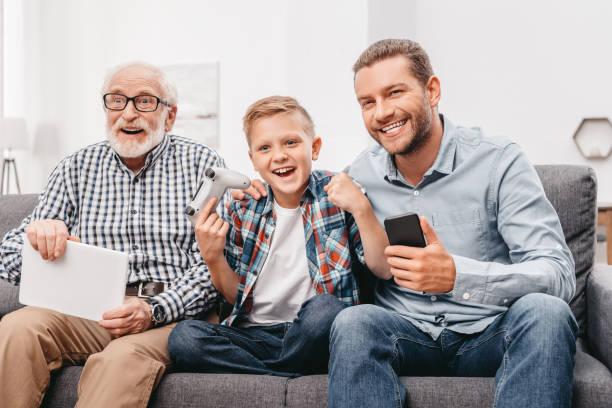 family young and old playing together an online game